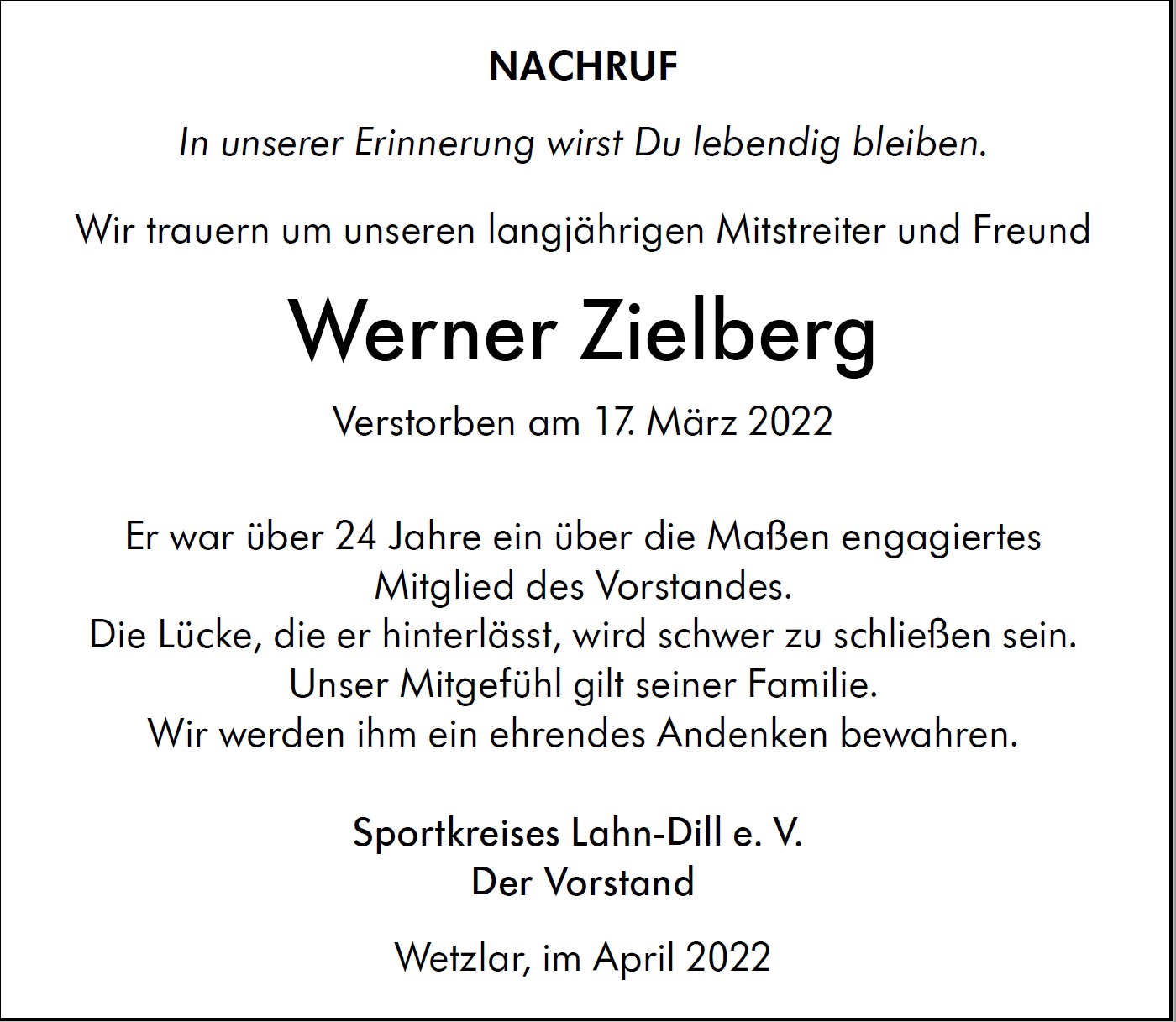 Nachruf Werner Zielberg